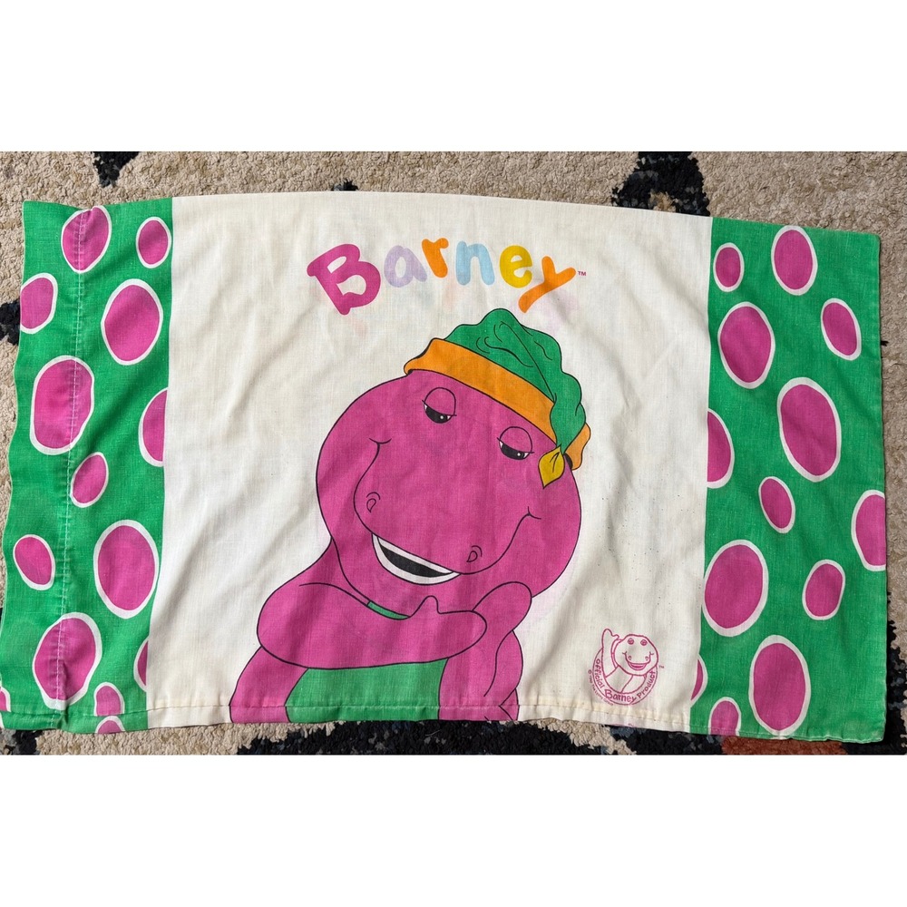 Vintage 1992 Barney the Dinosaur Pillowcase 90s Kids Bedding Lyons Group Purple